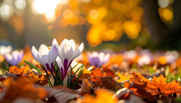 Spring flowers in autumn leaves