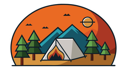 Obraz premium Camping scene with tent campfire and mountains at sunset
