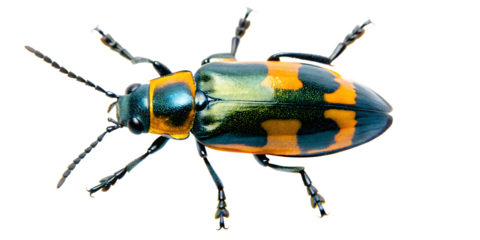Iridescent beetle with orange markings isolated on a transparent background