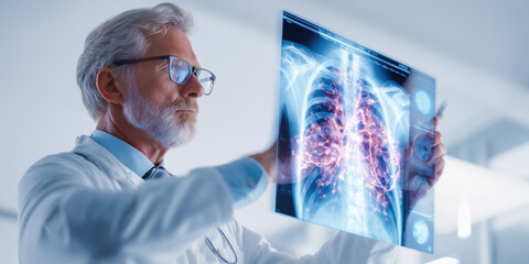 Medical professional examines detailed lung scan in modern healthcare facility, digital diagnostics