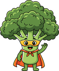 Cartoon broccoli superhero with orange cape and mask waving cheerfully, healthy food mascot in flat vector illustration concept design
