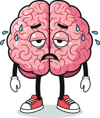 Sad cartoon brain character sweating with tired eyes and sneakers, emotional anthropomorphic vector illustration for stress and fatigue themes