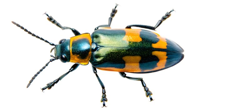 Iridescent beetle with orange markings isolated on a transparent background