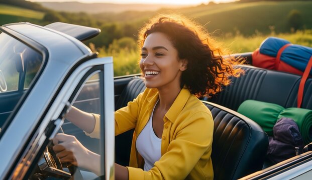 Concept of lifestyle, travel, vacation and active life in nature.Happy young woman enjoying car trip.