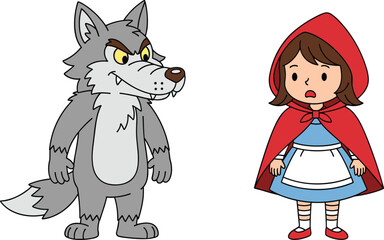Cartoon Little Red Riding Hood and gray wolf illustration, fairy tale moment with red cape girl and menacing forest predator character