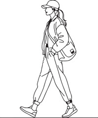 Stylish Woman Walking in Streetwear with Bag and Cap, Line Art Illustration of Modern Fashion and Casual Style Portrayal