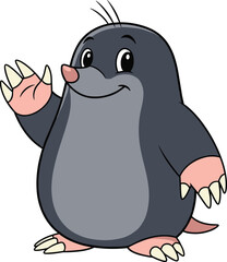 Cartoon mole character waving with large claws, pink nose and belly, friendly expression, flat vector illustration animal mascot concept