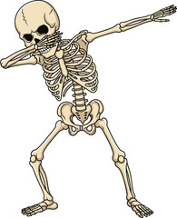 Cartoon skeleton doing dab dance move, humorous bone character illustration with detailed anatomy and playful pose for Halloween or pop culture
