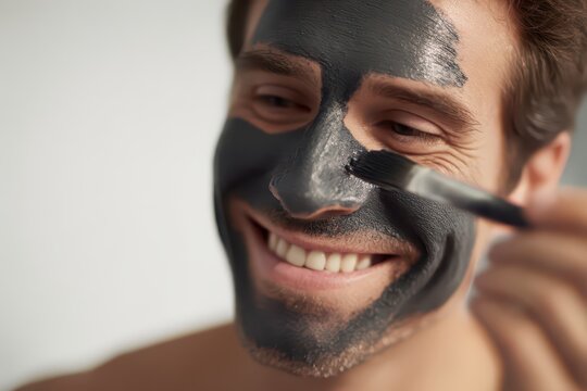 Man smiling while receiving a charcoal face mask treatment in a beauty salon focusing on relaxation and skincare