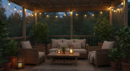 Fototapeta premium Twilight Tranquility: A cozy outdoor patio bathed in the soft glow of string lights, inviting relaxation with its comfortable seating, potted plants, and a sense of serene atmosphere.