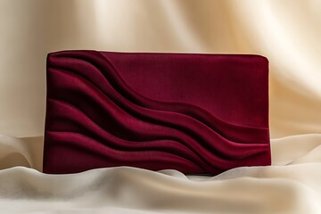 Obraz premium Dark ruby clutch with wave-textured velvet fabric and a subtle jewel clasp, displayed on a soft off-white background 
