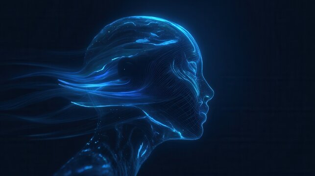 Abstract glowing blue head outline interface on dark background. AI and robotics concept. 3D Rendering, no logos, no brands