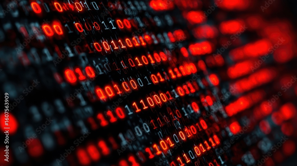 Poster cyber security concept - plain code with cyber attack in red