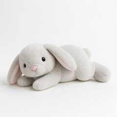 Fluffy Gray Plush Bunny Lying on a Seamless White Background for Toy Advertisements