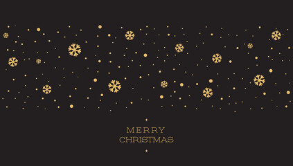 Merry Christmas and Happy New Year greeting card. Gold Snowflake Pattern on Black Background.