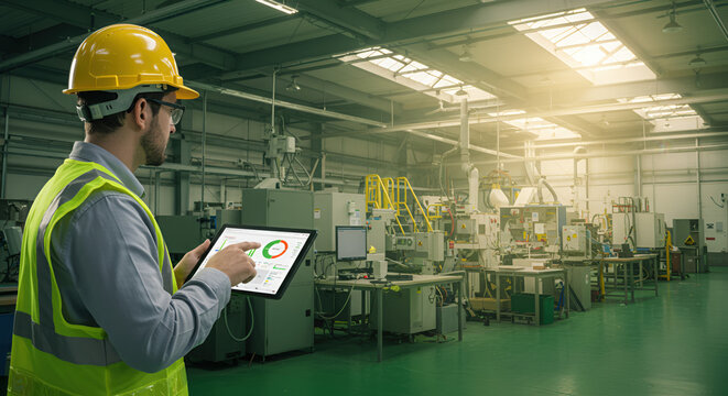 Smart factory engineer managing industrial operations with a data driven ERP system, viewing production analytics and performance charts on a digital tablet.