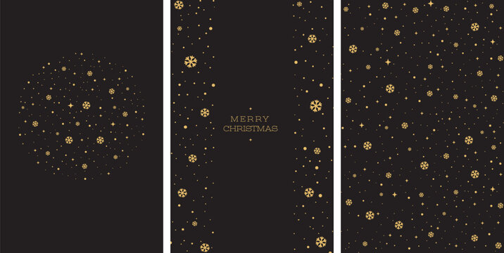 Merry Christmas and Happy New Year greeting card. Gold Snowflake Pattern on Black Background.