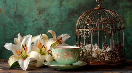 Fototapeta premium Tea cup resting beside ceramic lilies and brass birdcage