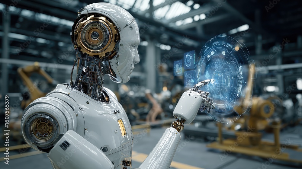 Poster humanoid robot interacting with digital interface in factory setting
