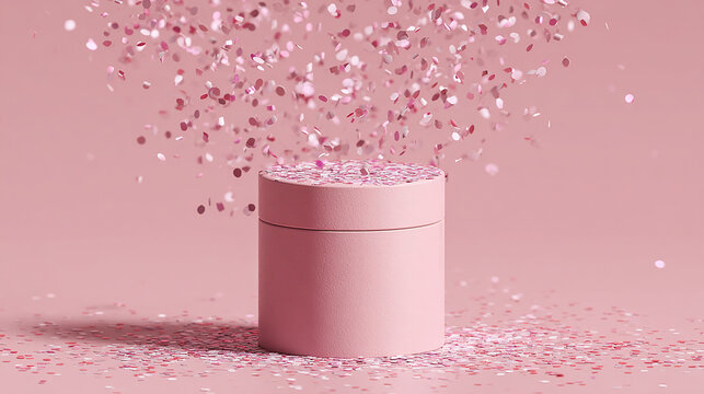 A pink cylindrical container erupting with a cascade of shimmering rose gold glitter against a soft pink background - Powered by Adobe