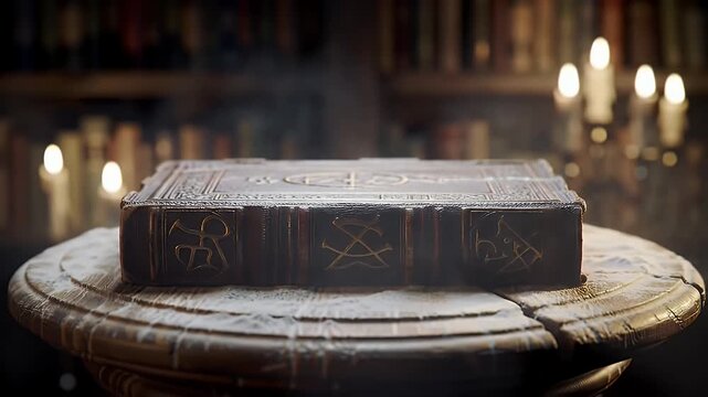 An ancient arcane grimoire with mystical sigils on its spine, resting on a stone pedestal in a secret, candlelit library of forbidden knowledge.