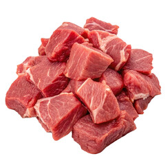 Pile of raw beef cubes for stew or roasting isolated on transparent background