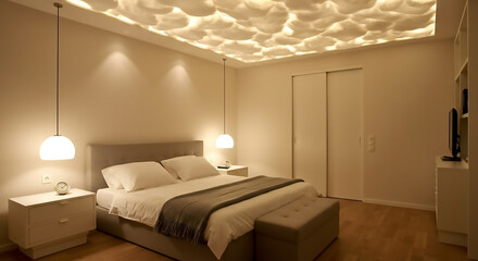 Dreamy contemporary bedroom with a backlit soft cloud-like textured accent ceiling, creating a serene and modern sleep sanctuary.