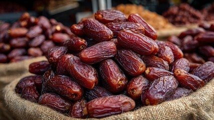 dates close up. date palm background. Date palm on a traditional craftsman market.Horizontal image.
