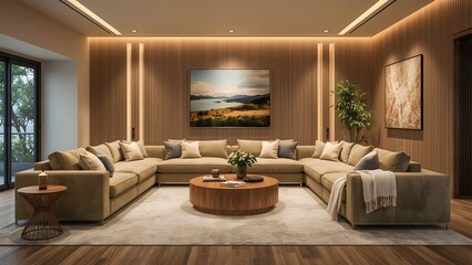 Luxurious u shaped sectional sofa in a modern living room with warm lighting