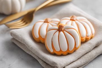 Festive pumpkin-shaped cookies decorated with white icing on a linen napkin, perfect for autumn gatherings and celebrations