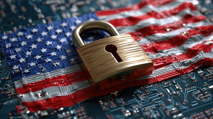 Cybersecurity concept with digital padlock and American flag.