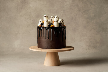 Chocolate cake decorated with ghostly figures for Halloween celebration