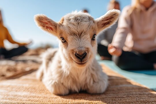 Goat participates in yoga class on outdoor mat surrounded by people in sunny environment