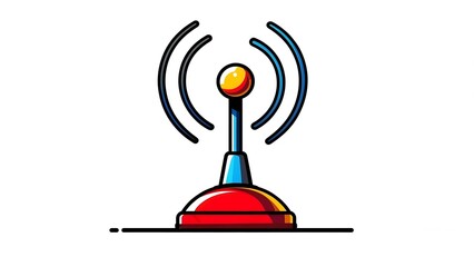 Colorful cartoon antenna icon broadcasting a wireless signal with a red base on a white background.