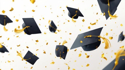Graduation caps confetti. Flying students hats with golden ribbons isolated. University, college school education vector background, no logos, no brands