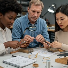 Fototapeta premium Diverse Jewelry Design Team Crafting Necklace at Workbench