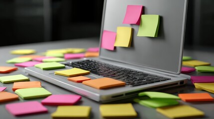 A laptop with colorful sticky notes on it