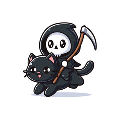 A cute cartoon skeleton character in a tattered orange cloak with a large hood. The design blends spooky and adorable elements with a touch of fantasy and charm.