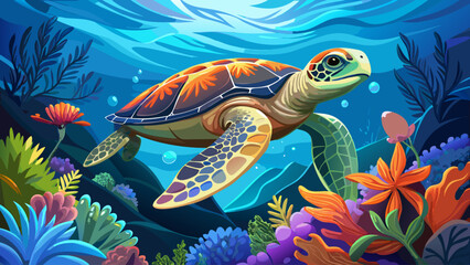 A sea turtle glides peacefully through crystal-clear tropical waters above a coral reef