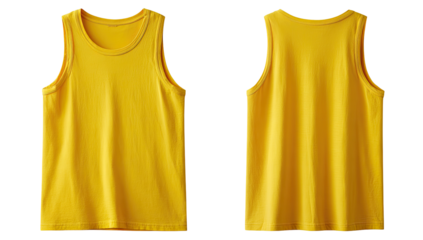 Front and back views of a mustard yellow sleeveless top.  Simple, plain design with a crew neckline