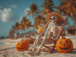 Skeleton enjoys tropical beach life with pumpkins during Halloween season