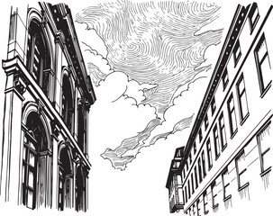 Street landscape, urban architecture, vintage, retro. Hand drawn vector illustration