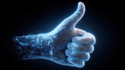 Futuristic hand gesture shows thumb up for success and approval. An abstract graphic of glowing digital thumbprint represents biometric security and modern identification technology