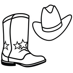 Outlined Cowboy Boot with Stars and Matching Hat Illustration Design Drawing