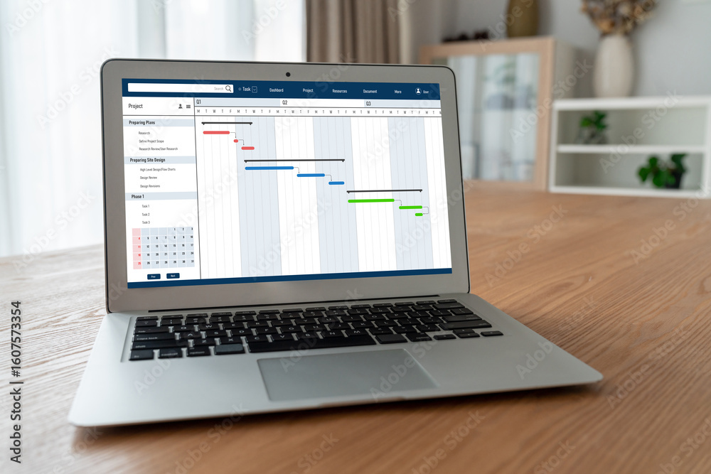 Poster project planning software for modish business project management on the computer screen showing time