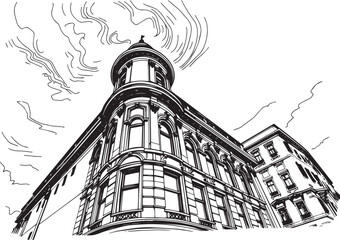 Street landscape, urban architecture, vintage, retro. Hand drawn vector illustration
