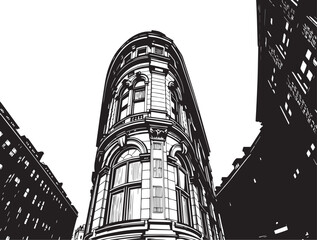 Street landscape, urban architecture, vintage, retro. Hand drawn vector illustration