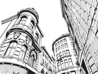 Street landscape, urban architecture, vintage, retro. Hand drawn vector illustration
