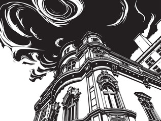 Street landscape, urban architecture, vintage, retro. Hand drawn vector illustration