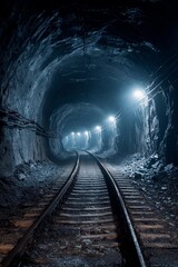 Fototapeta premium The railway track extends through a narrow mine tunnel, illuminated by electric lights that cast a soft glow on the rocky walls